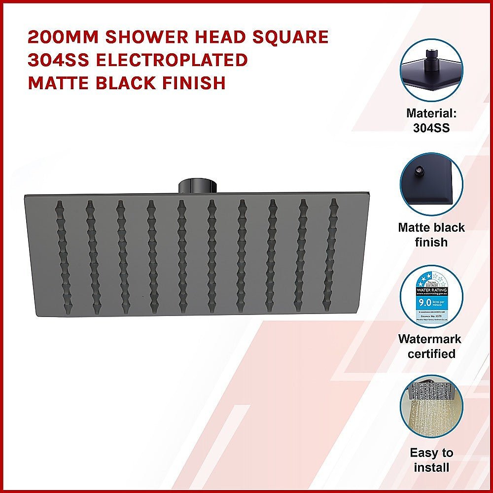 200mm Shower Head Square 304SS Electroplated Matte Black Finish - Newstart Furniture
