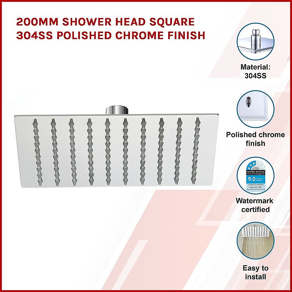 200mm Shower Head Square 304SS Polished Chrome Finish - Newstart Furniture