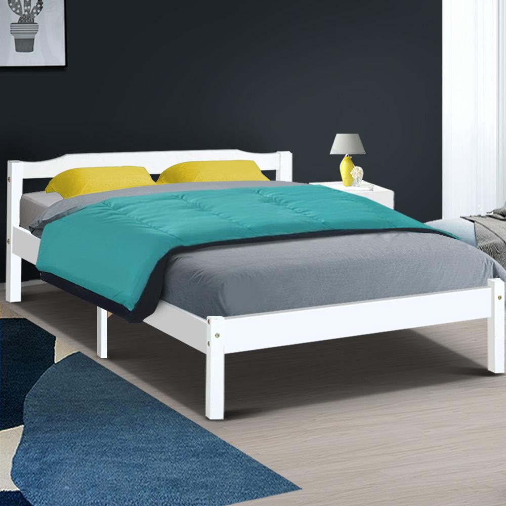 Artiss Double Full Size Wooden Bed Frame Mattress Base Timber Platform White - Newstart Furniture