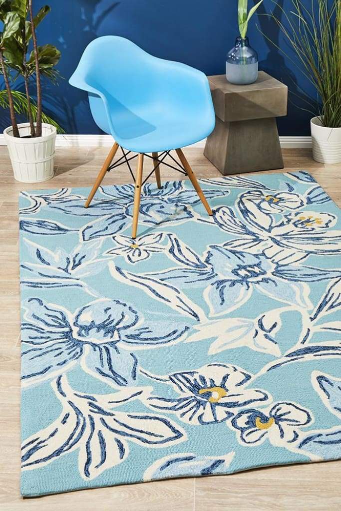 Copacabana Whimsical Blue Floral Indoor Outdoor Floor Rug - Newstart Furniture