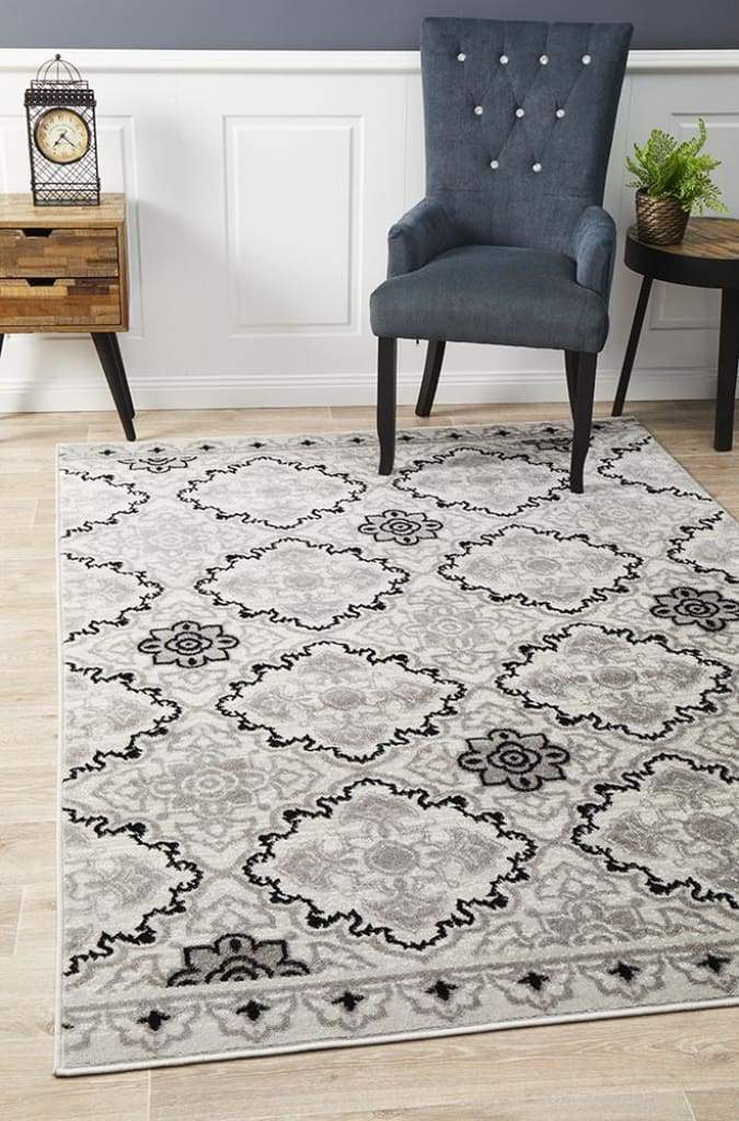 Norah Modern Floor Rug Black White Silver - Newstart Furniture