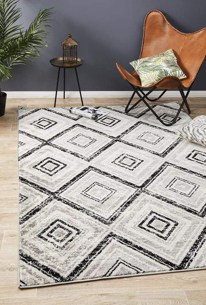 Sabrina Geo Diamonds Floor Rug Grey Black - Newstart Furniture
