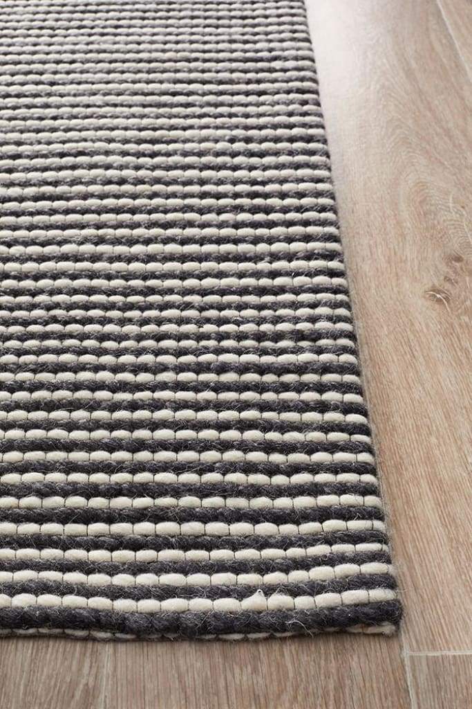 Studio Oskar Felted Wool Striped Floor Rug Black White - Newstart Furniture