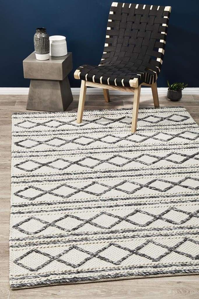 Studio Milly Textured Woollen Floor Rug White Grey - Newstart Furniture