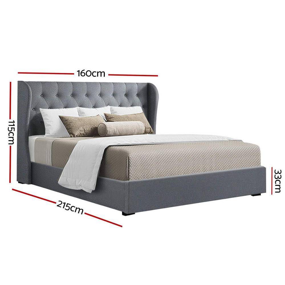 Artiss Issa Bed Frame Fabric Gas Lift Storage - Grey Queen - Newstart Furniture