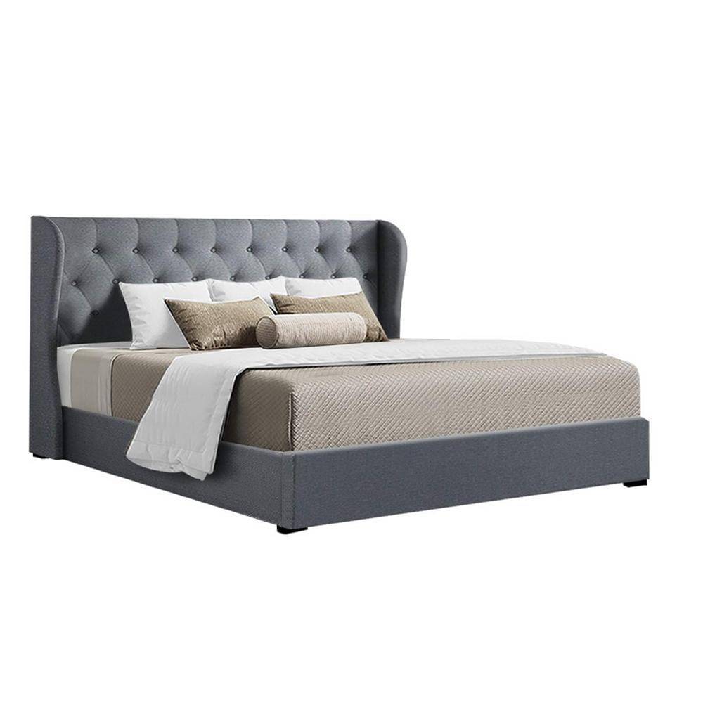 Artiss Issa Bed Frame Fabric Gas Lift Storage - Grey King - Newstart Furniture