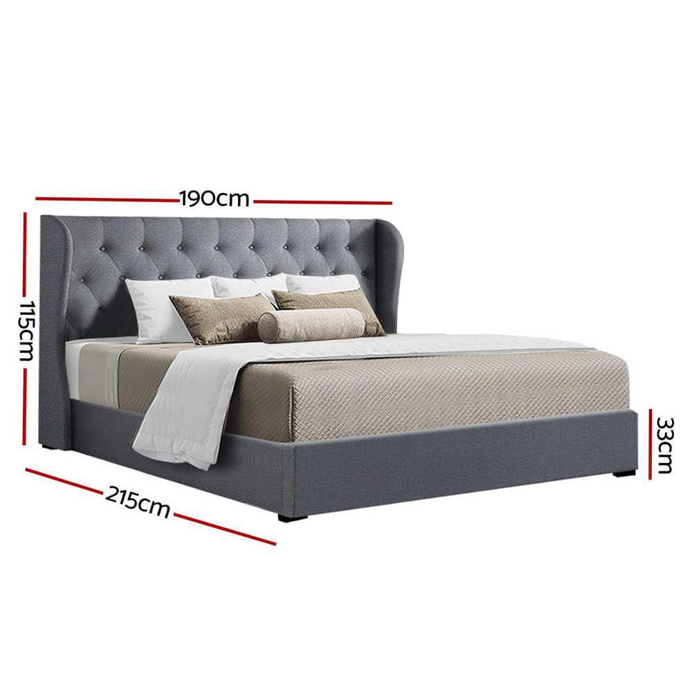 Artiss Issa Bed Frame Fabric Gas Lift Storage - Grey King - Newstart Furniture