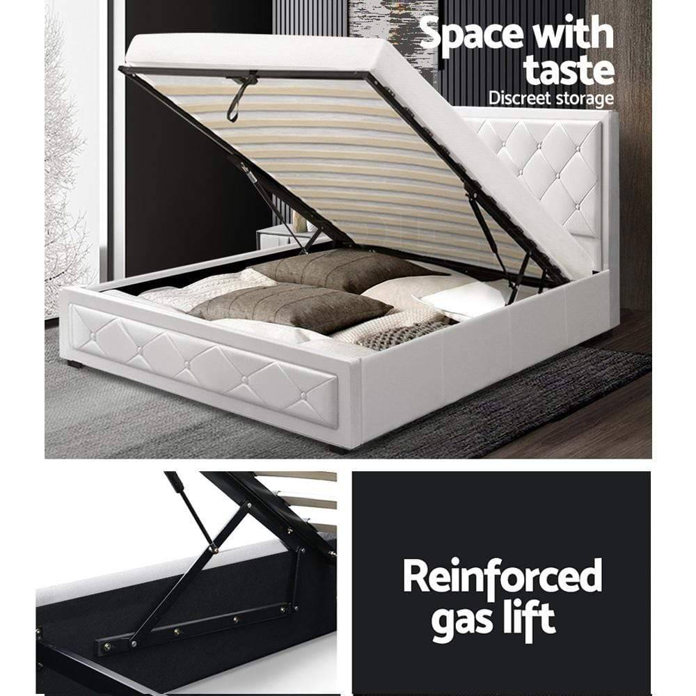 Artiss Tiyo Bed Frame PU Leather Gas Lift Storage - White King Single - Newstart Furniture
