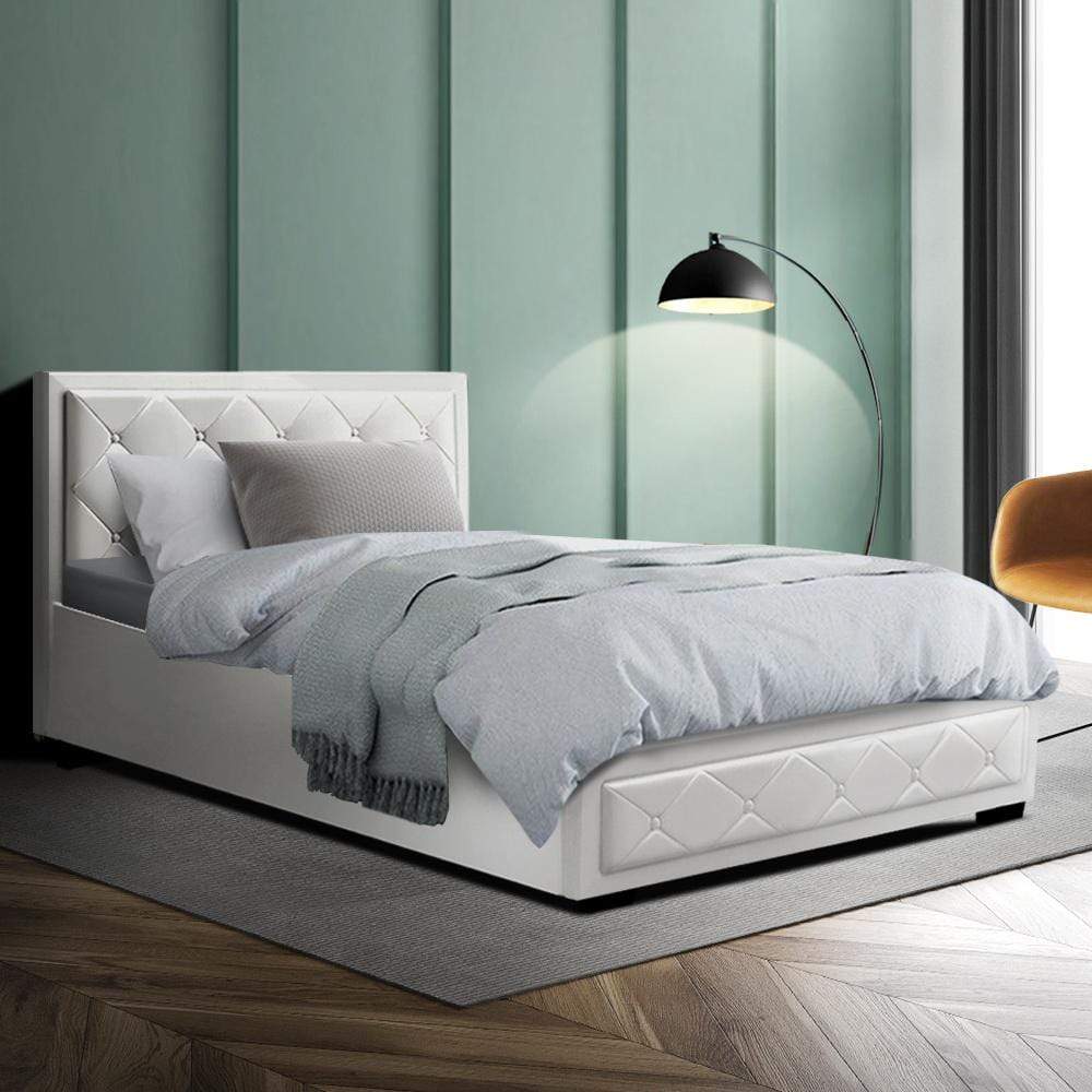 Artiss Tiyo Bed Frame PU Leather Gas Lift Storage - White King Single - Newstart Furniture