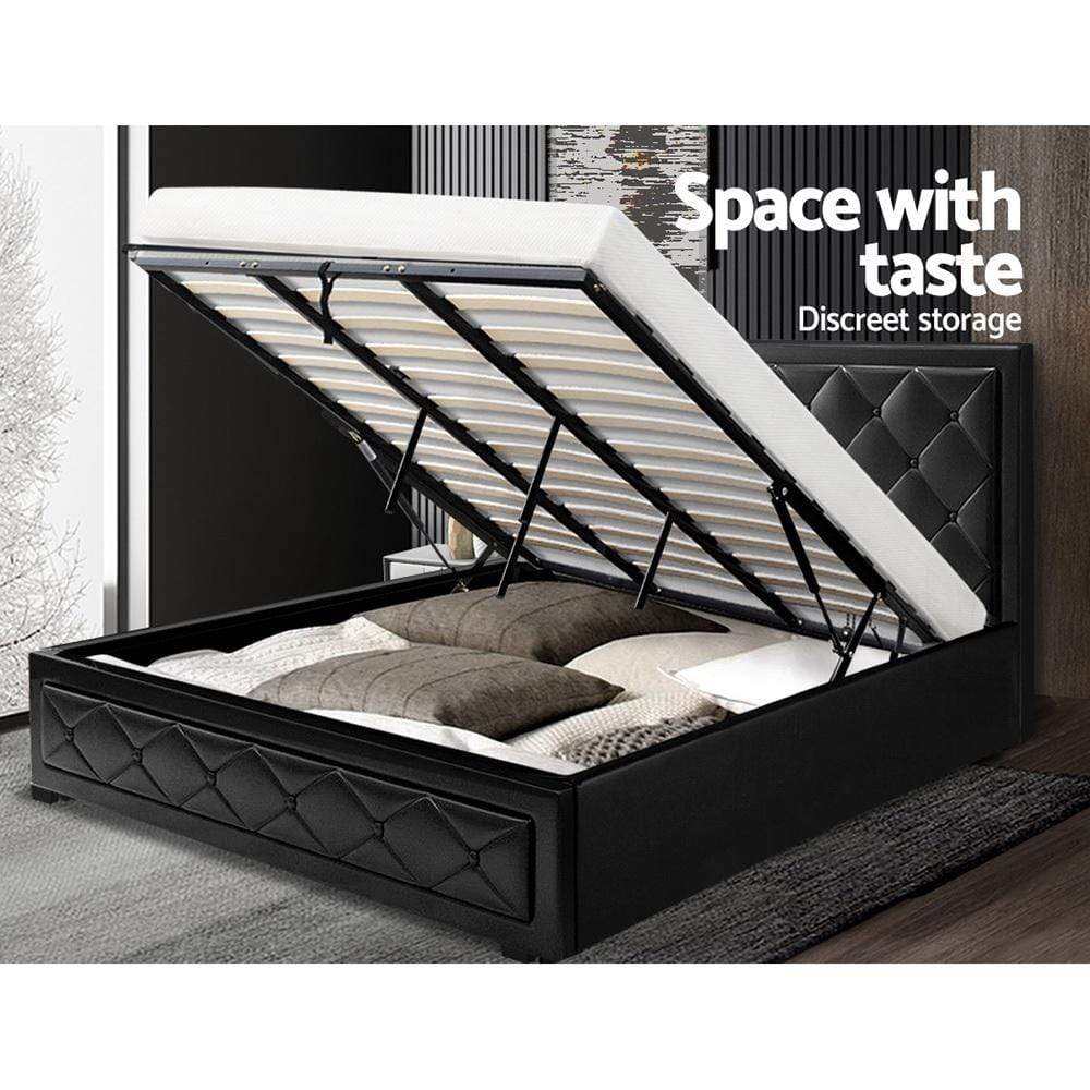 Artiss Tiyo Bed Frame PU Leather Gas Lift Storage - Black King - Newstart Furniture
