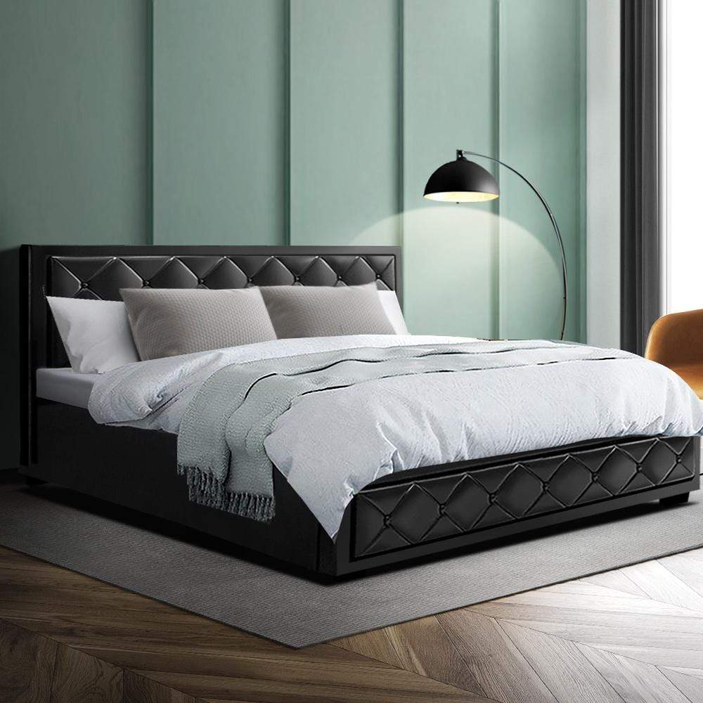 Artiss Tiyo Bed Frame PU Leather Gas Lift Storage - Black King - Newstart Furniture