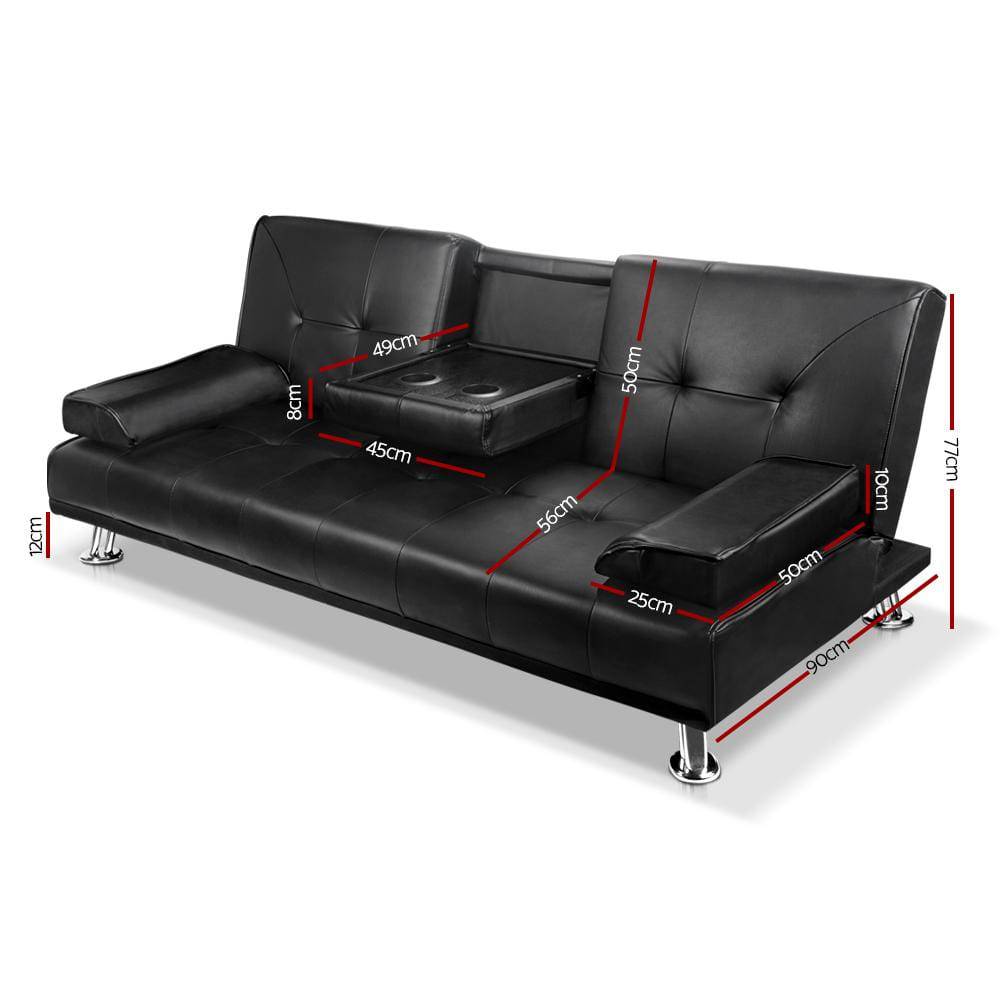 Artiss Lounge 3 Seater PU Leather Sofa Bed Black - Newstart Furniture