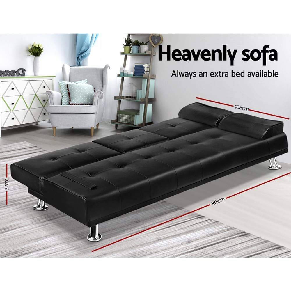 Artiss Lounge 3 Seater PU Leather Sofa Bed Black - Newstart Furniture