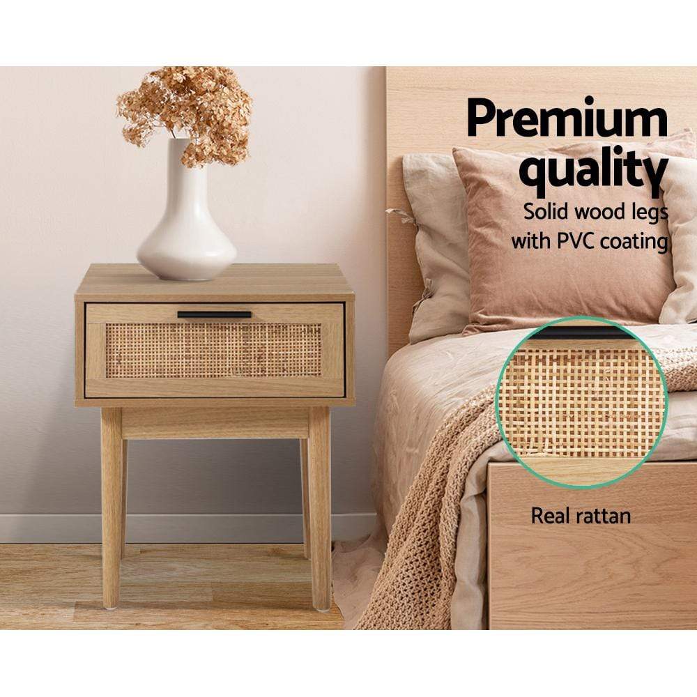 Artiss Rattan Wood Bedside Table - Newstart Furniture