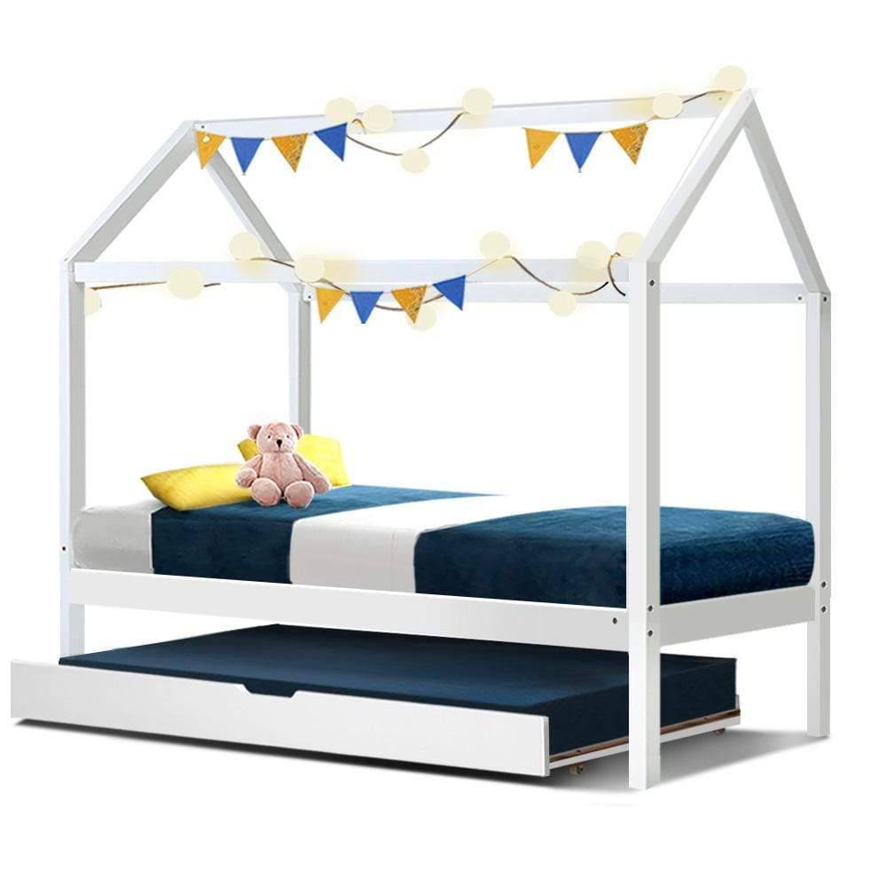 Holy Artiss Kids House Bed with Trundle Single White - Newstart Furniture