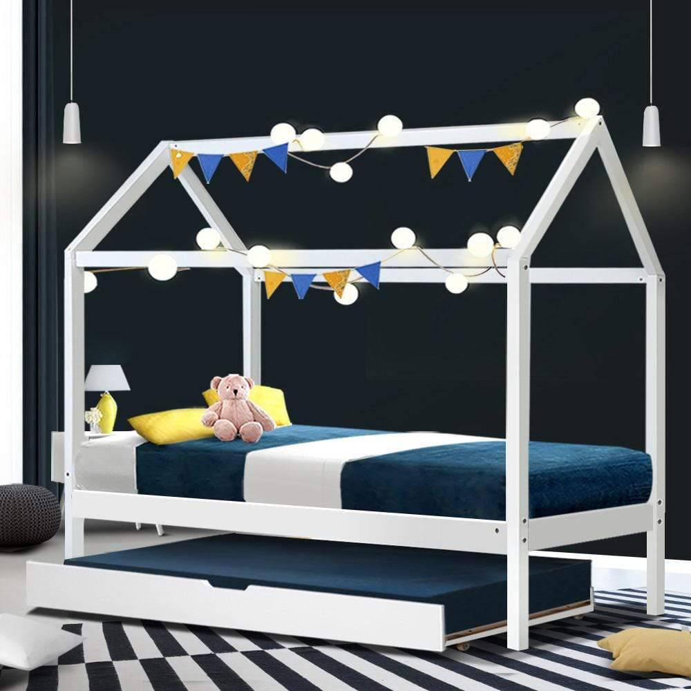 Holy Artiss Kids House Bed with Trundle Single White - Newstart Furniture