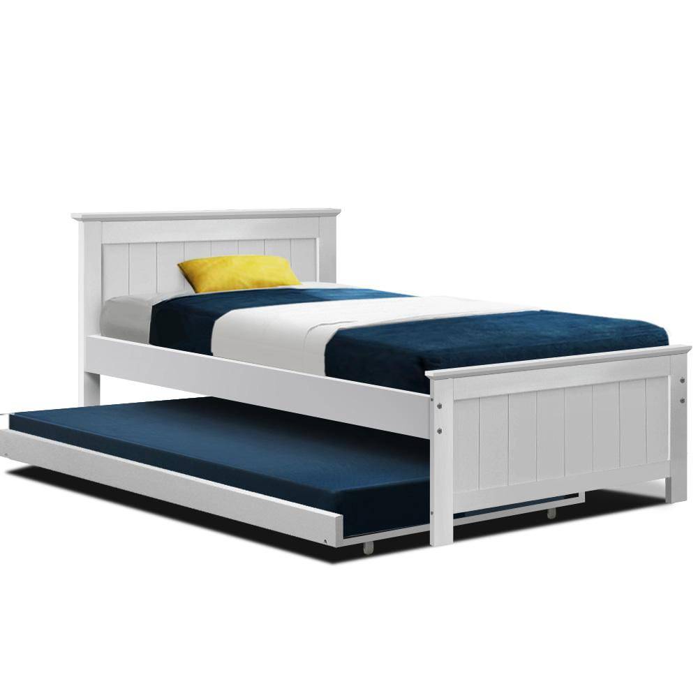 Artiss Wooden Trundle Bed King Single White - Newstart Furniture