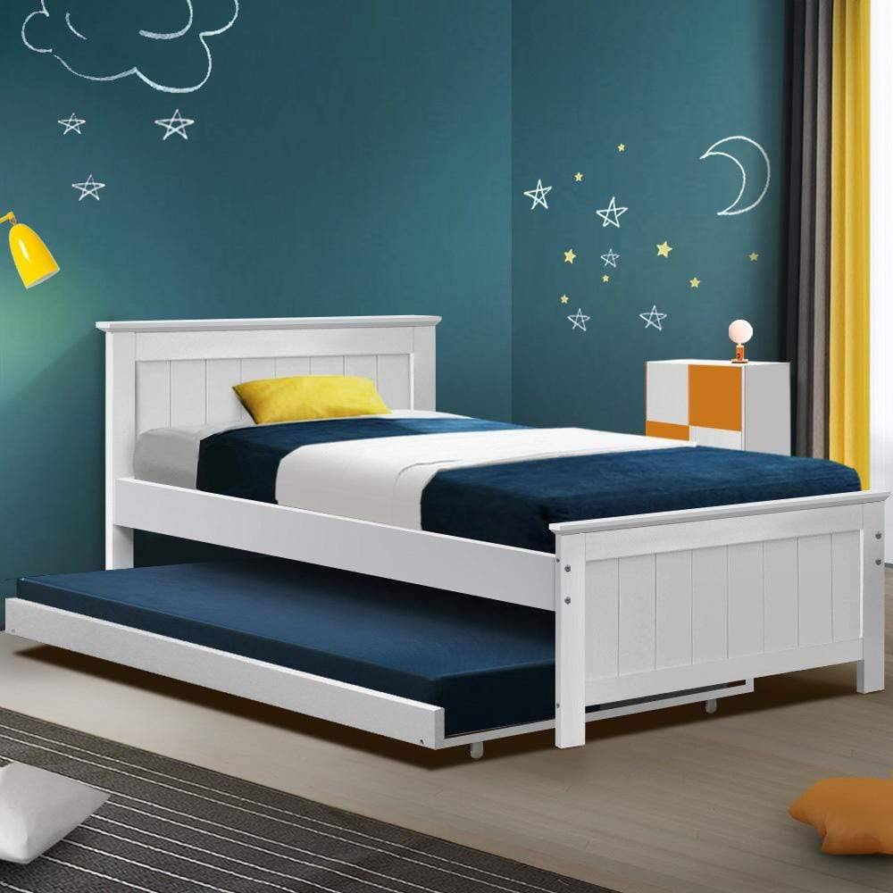 Artiss Wooden Trundle Bed King Single White - Newstart Furniture