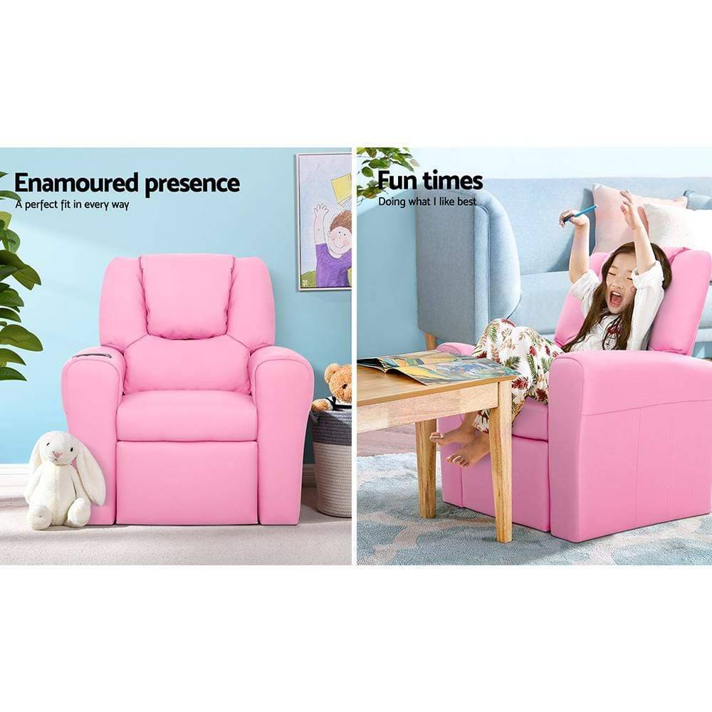 Keezi Kids Recliner Chair Pink PU Leather Sofa Lounge Couch Children Armchair - Newstart Furniture
