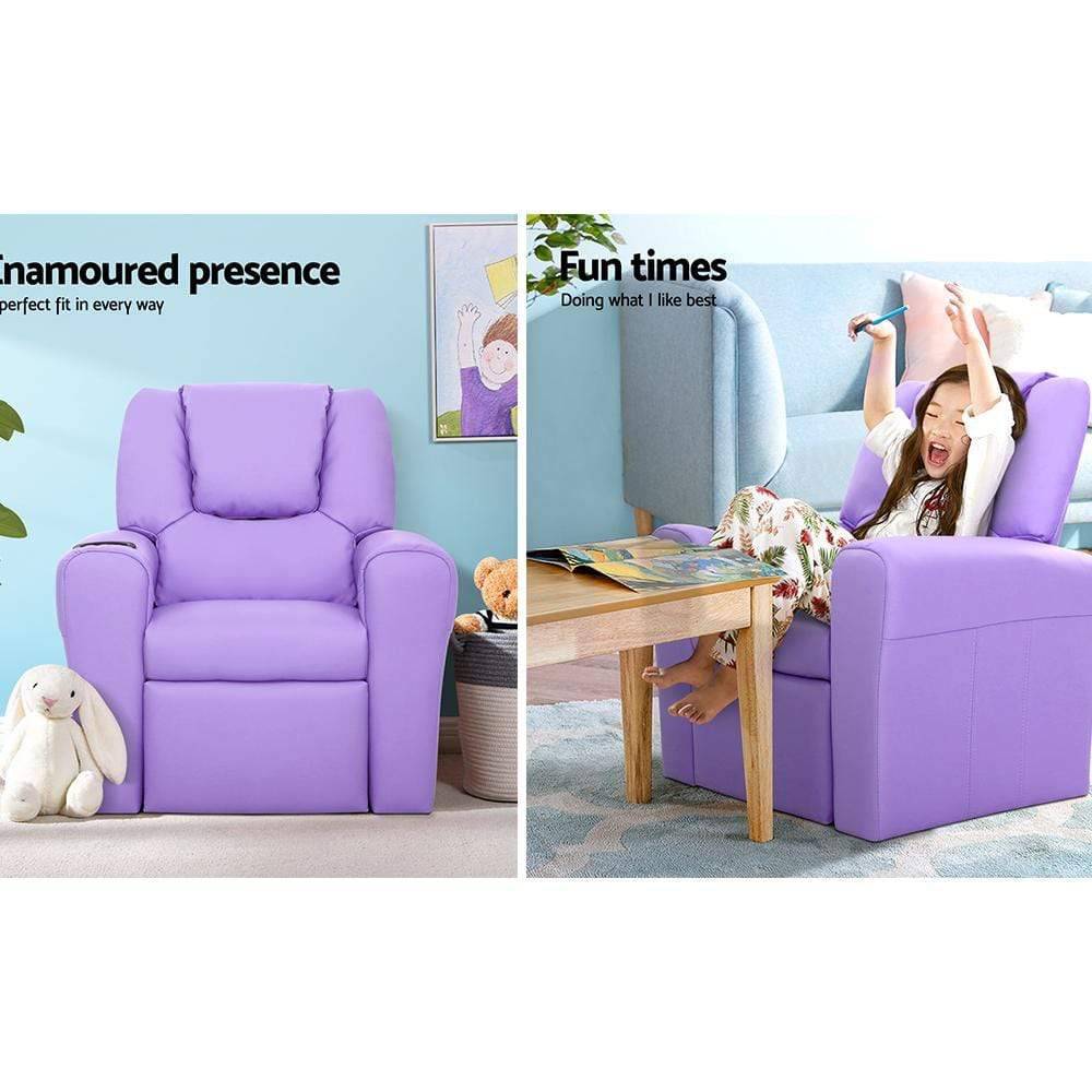 Keezi Kids Recliner Chair Purple PU Leather Sofa Lounge Couch Children Armchair - Newstart Furniture