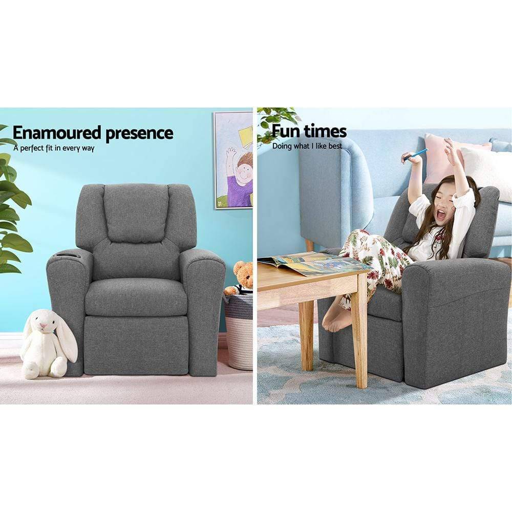 Keezi Kids Recliner Chair Grey Linen Soft Sofa Lounge Couch Children Armchair - Newstart Furniture