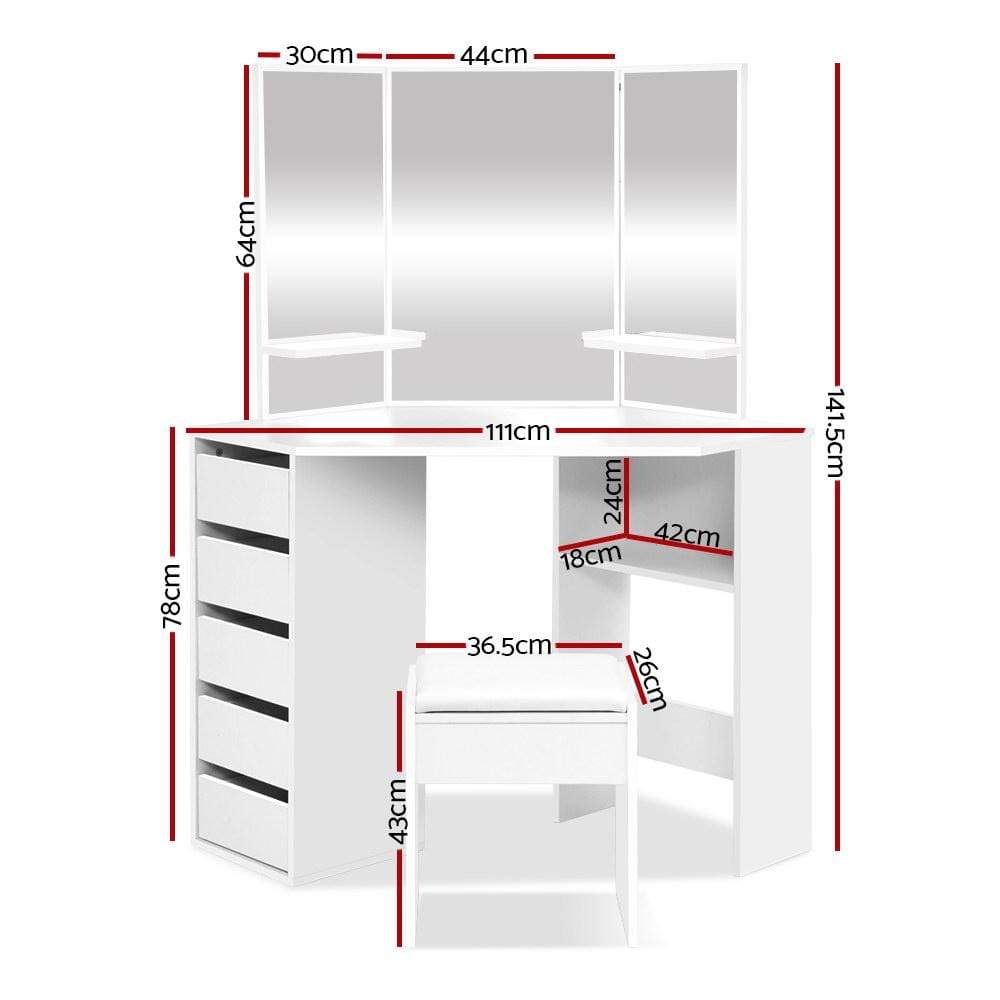 Artiss Corner Dressing Table With Mirror Stool White - Newstart Furniture