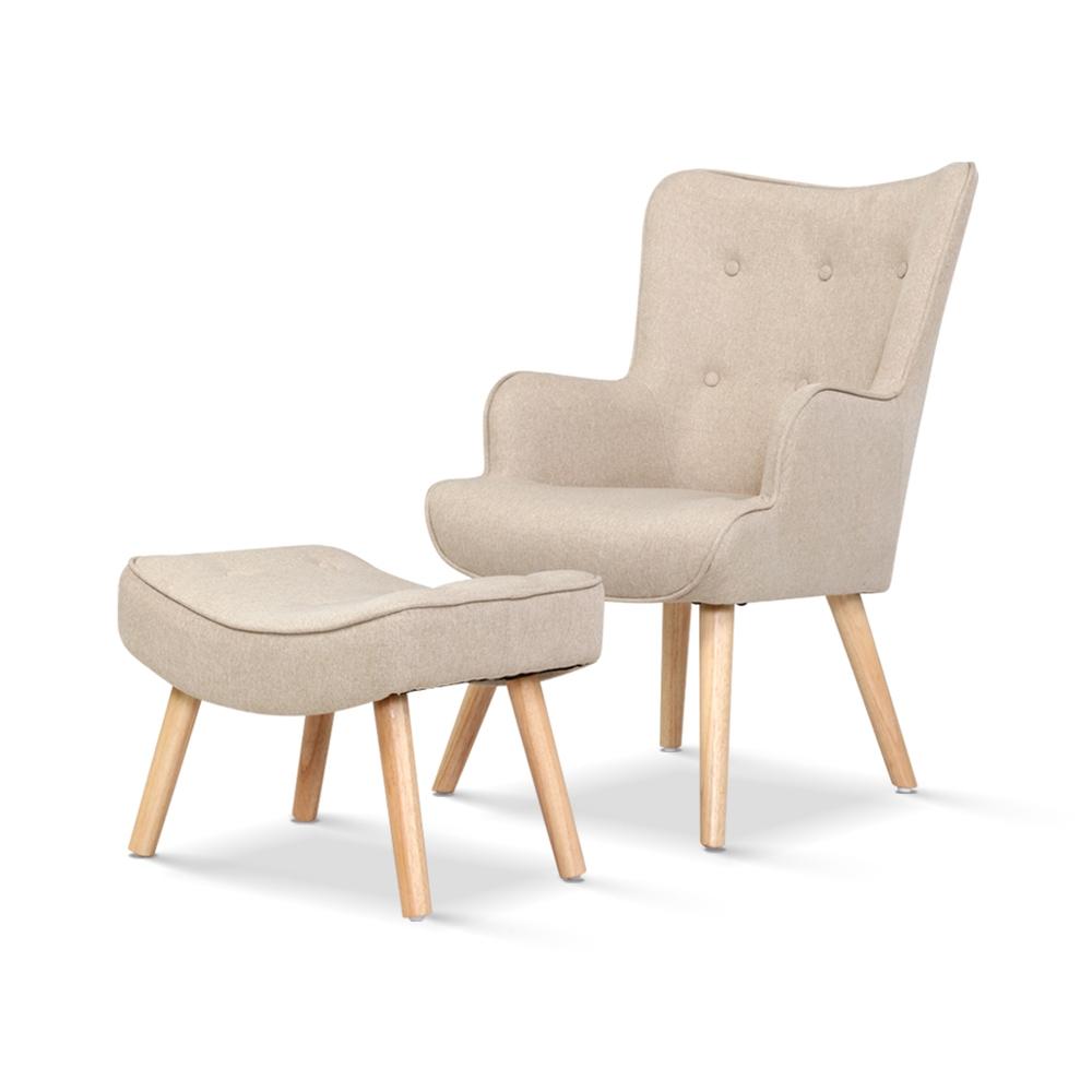 Artiss Armchair Lounge Chair Fabric Sofa Accent Chairs and Ottoman Beige - Newstart Furniture