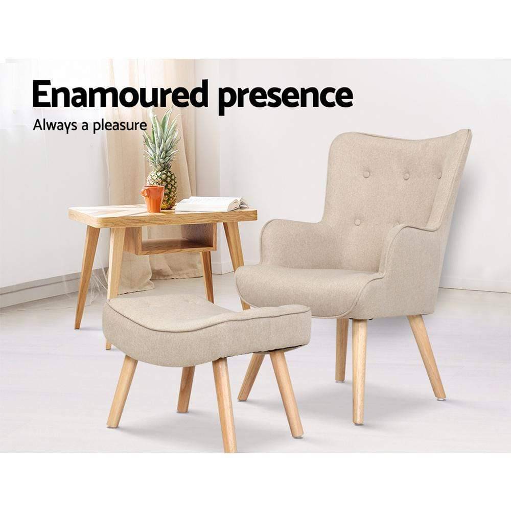 Artiss Armchair Lounge Chair Fabric Sofa Accent Chairs and Ottoman Beige - Newstart Furniture