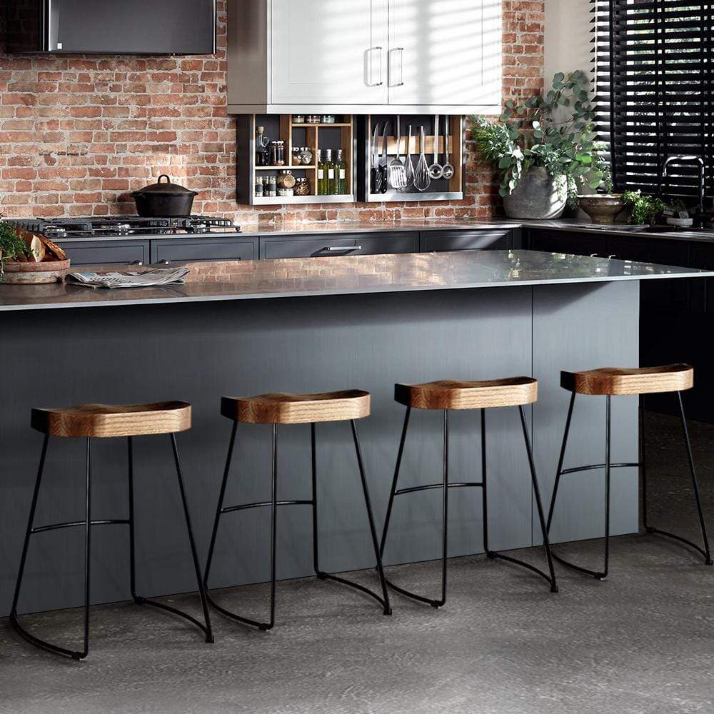 Artiss Set of 4 Elm Wood Backless Bar Stools 65cm - Black and Light Natural - Newstart Furniture