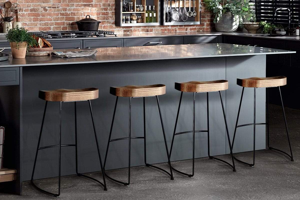Artiss Set of 4 Elm Wood Backless Bar Stools 75cm - Black and Light Natural - Newstart Furniture