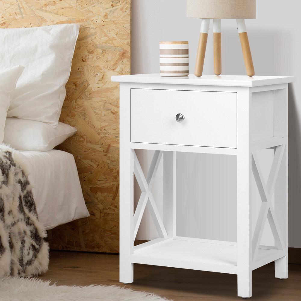 Bedside Table Coffee Side Cabinet Drawer Wooden White - Newstart Furniture