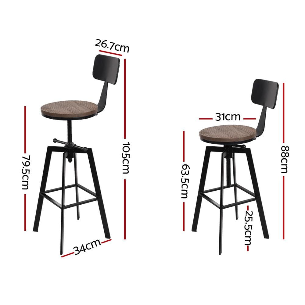 Artiss Set of 2 Rustic Industrial Style Metal Bar Stool - Black and Wood - Newstart Furniture