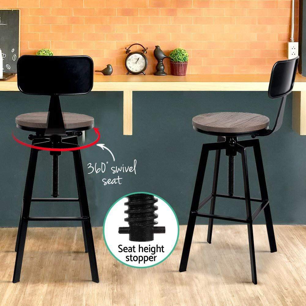 Artiss Set of 2 Rustic Industrial Style Metal Bar Stool - Black and Wood - Newstart Furniture