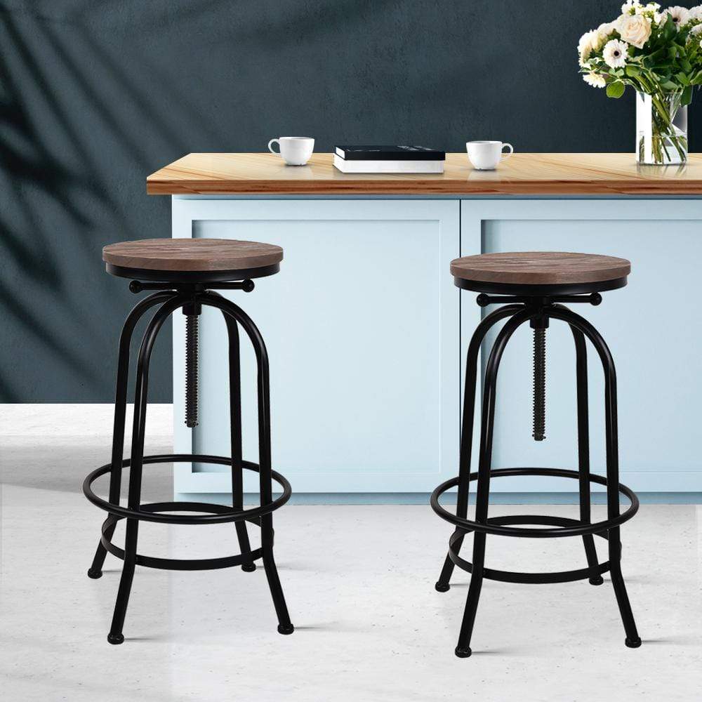 Artiss Set of 2 Bar Stool Industrial Round Seat Wood Metal - Black and Brown - Newstart Furniture