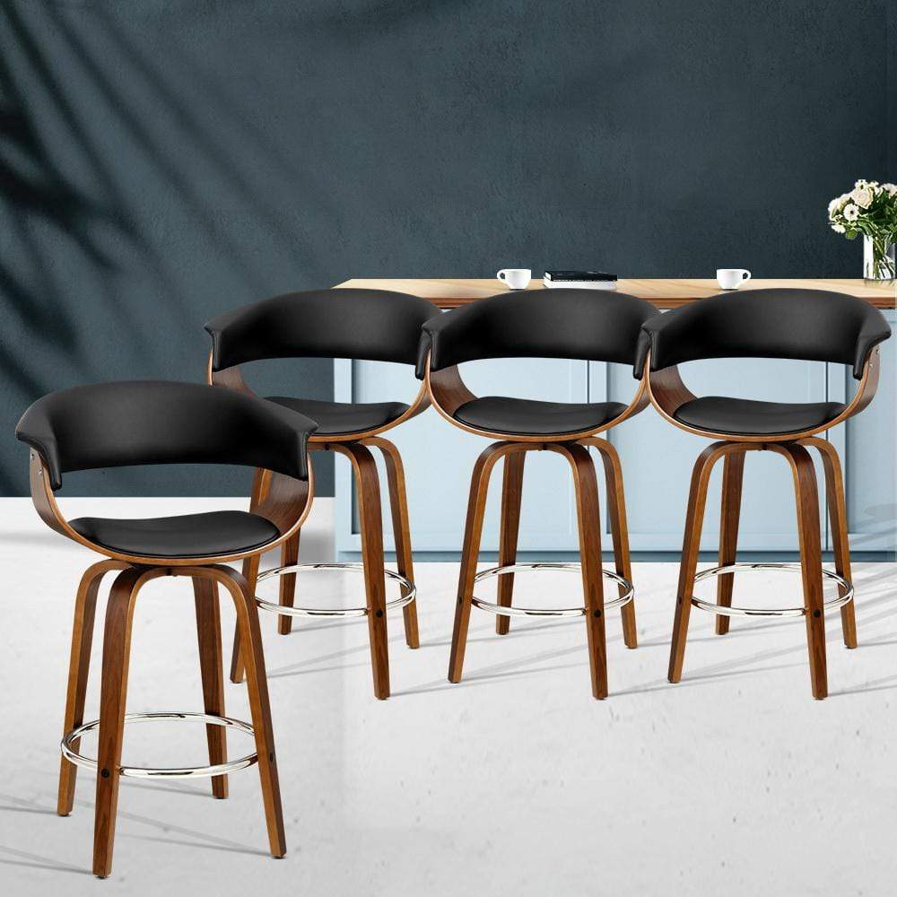 Artiss Set of 4 Swivel PU Leather Bar Stool - Wood and Black - Newstart Furniture