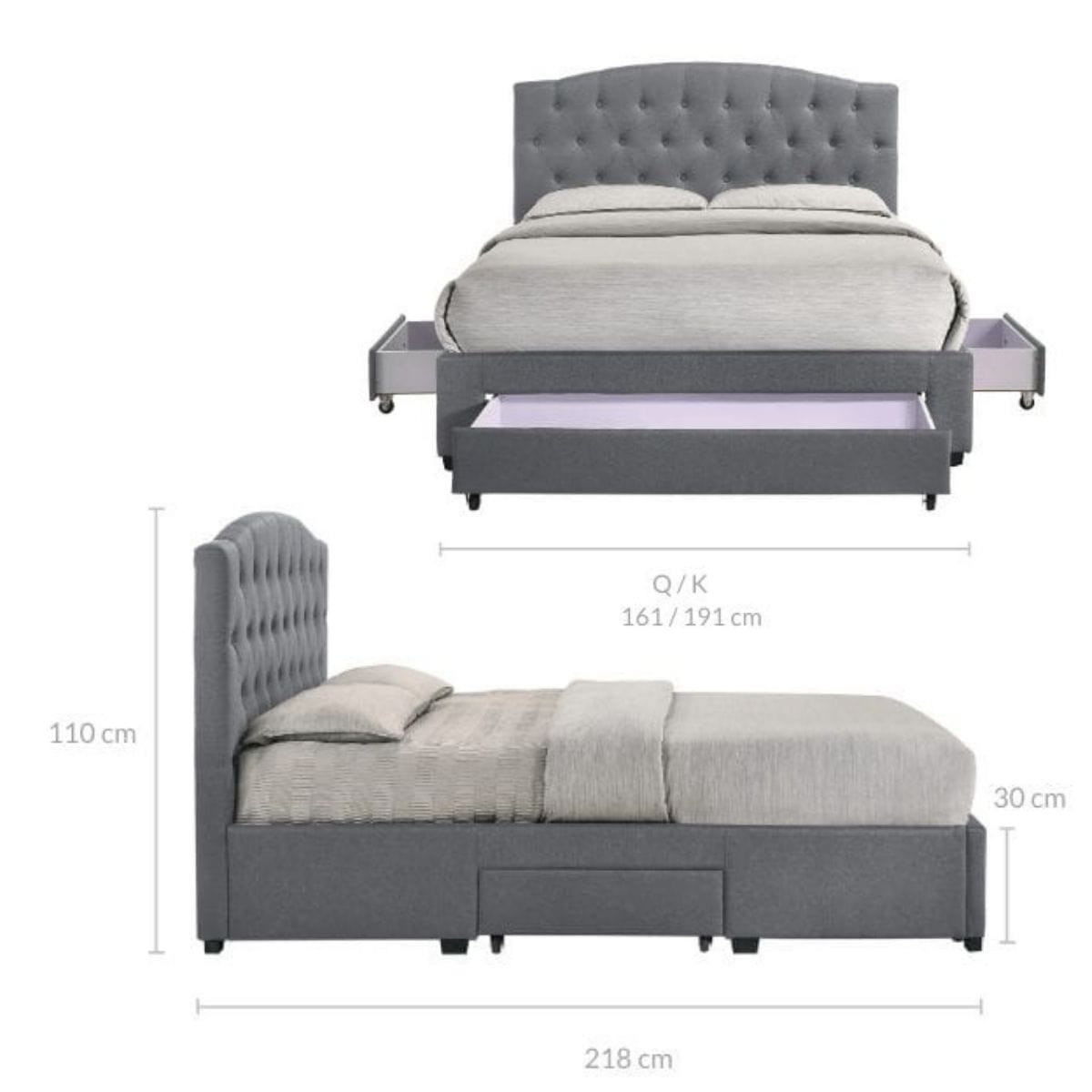 French Provincial Modern Fabric Platform Bed Base Frame with Storage Drawers King Light Grey - Newstart Furniture