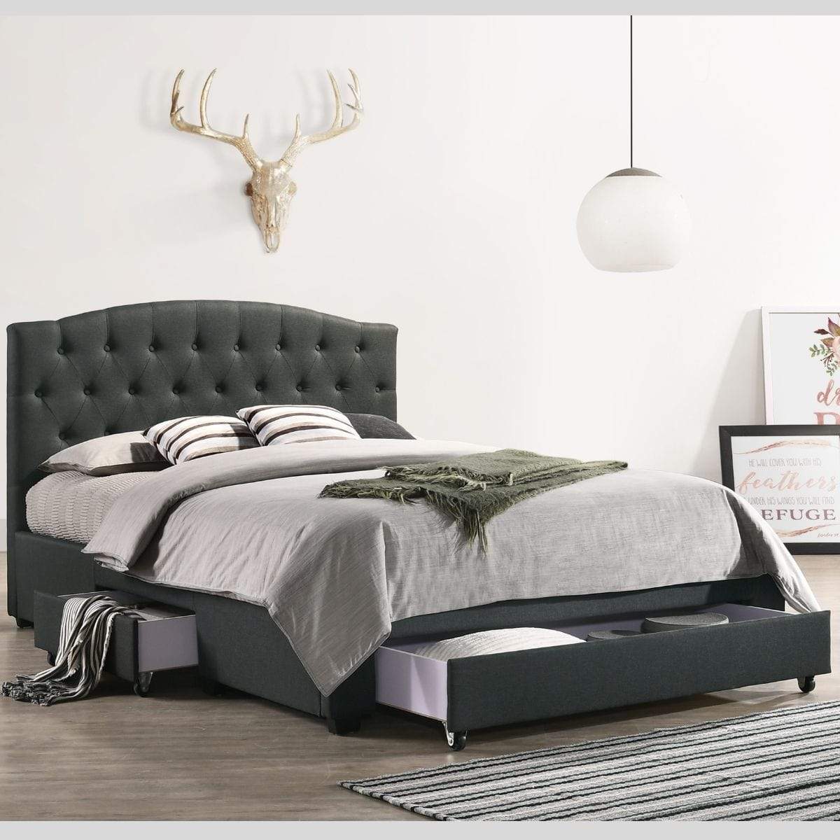 French Provincial Modern Fabric Platform Bed Base Frame with Storage Drawers Queen Charcoal - Newstart Furniture