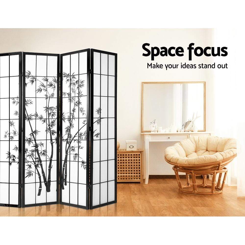 Artiss 4 Panel Room Divider Screen Privacy Dividers Pine Wood Stand Shoji Bamboo Black White - Newstart Furniture