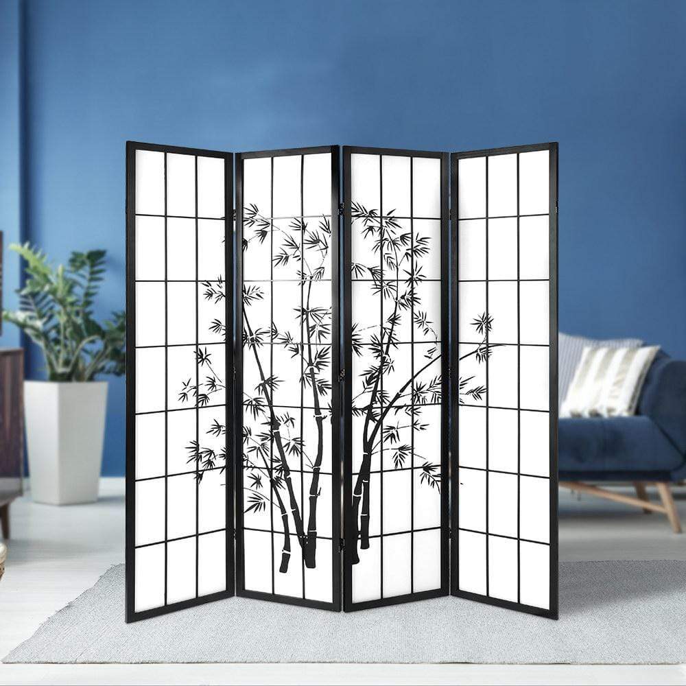 Artiss 4 Panel Room Divider Screen Privacy Dividers Pine Wood Stand Shoji Bamboo Black White - Newstart Furniture