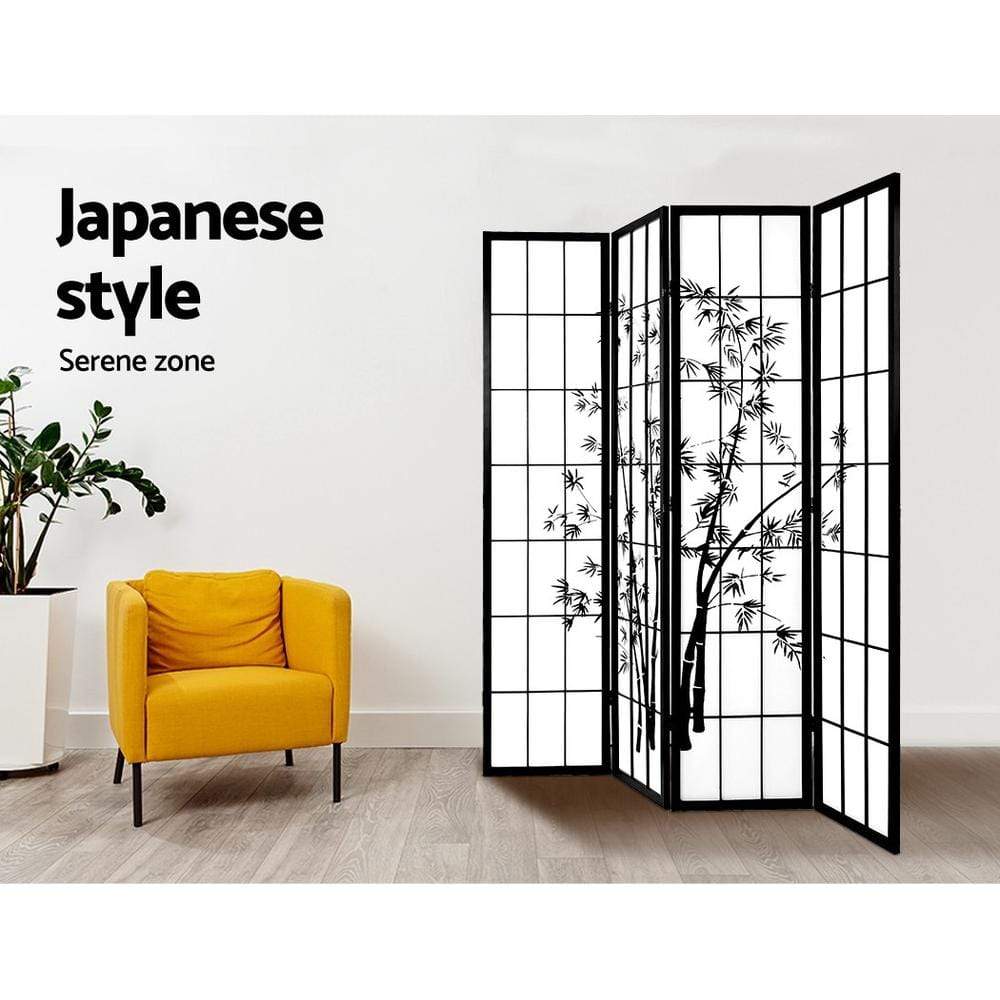 Artiss 4 Panel Room Divider Screen Privacy Dividers Pine Wood Stand Shoji Bamboo Black White - Newstart Furniture