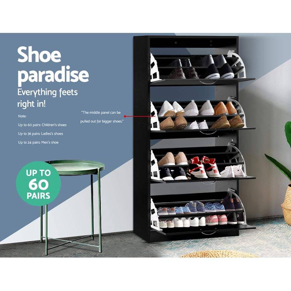 Artiss Shoe Cabinet Shoes Storage Rack Organiser 60 Pairs Black Shelf Drawer - Newstart Furniture