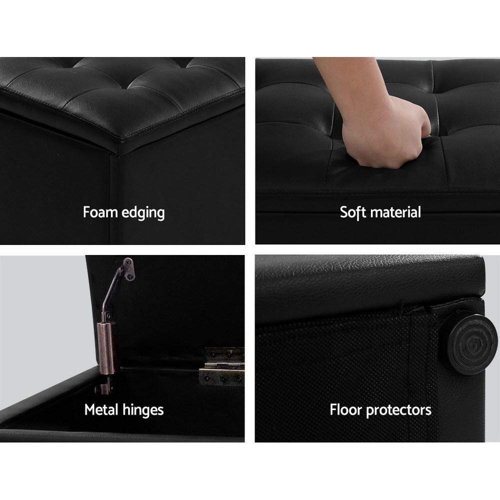 Artiss Storage Ottoman Blanket Box Black LARGE Leather Rest Chest Toy Foot Stool - Newstart Furniture