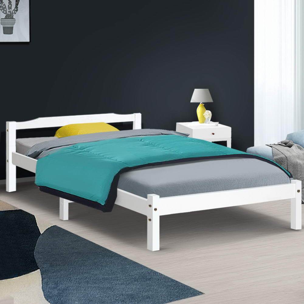 Artiss Bed Frame Single Size Wooden Mattress Base Timber Platform White - Newstart Furniture