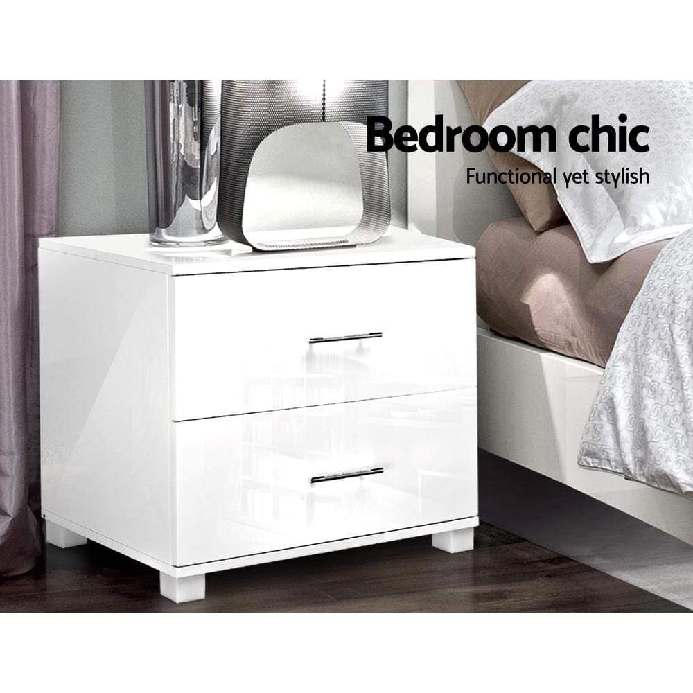 Artiss High Gloss Two Drawers Bedside Table - White - Newstart Furniture