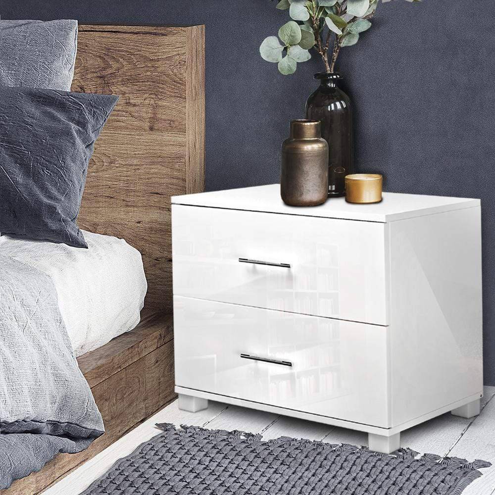 Artiss High Gloss Two Drawers Bedside Table - White - Newstart Furniture