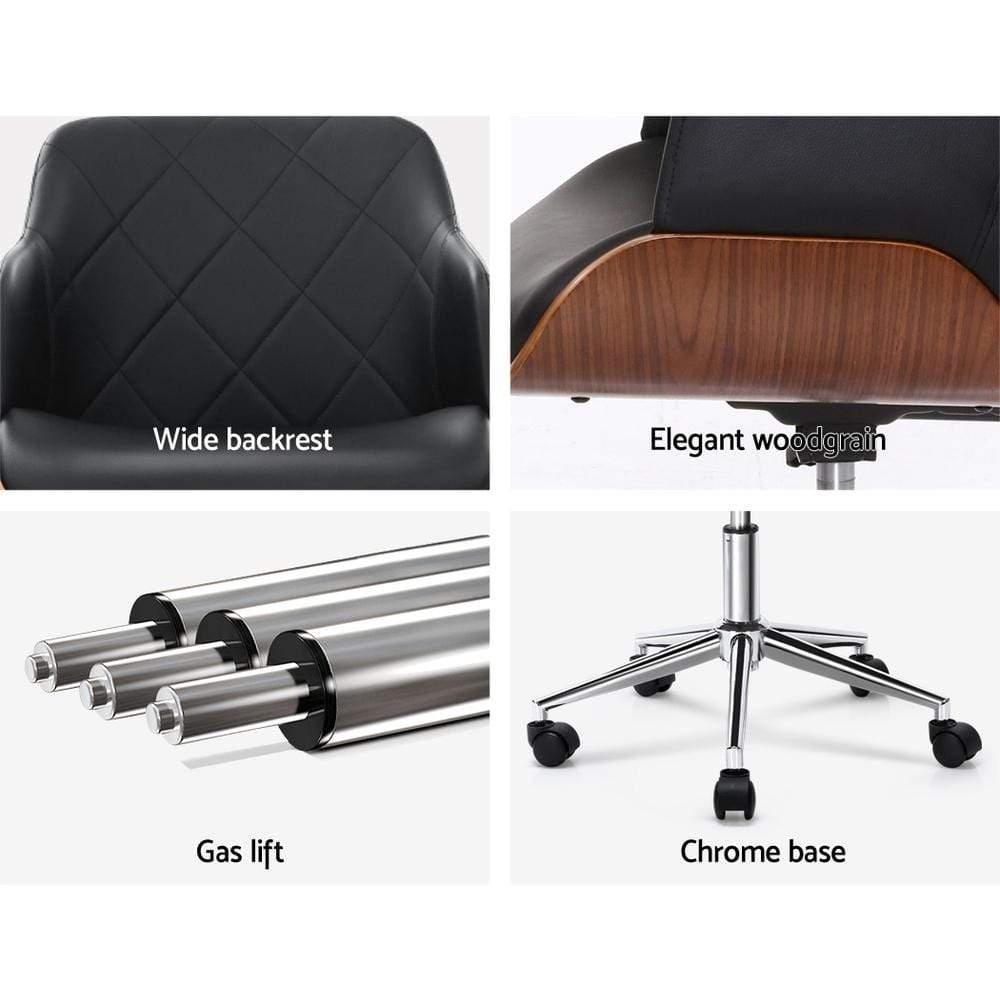 Artiss Wooden Office Chair Computer PU Leather Desk Chairs Executive Black Wood - Newstart Furniture