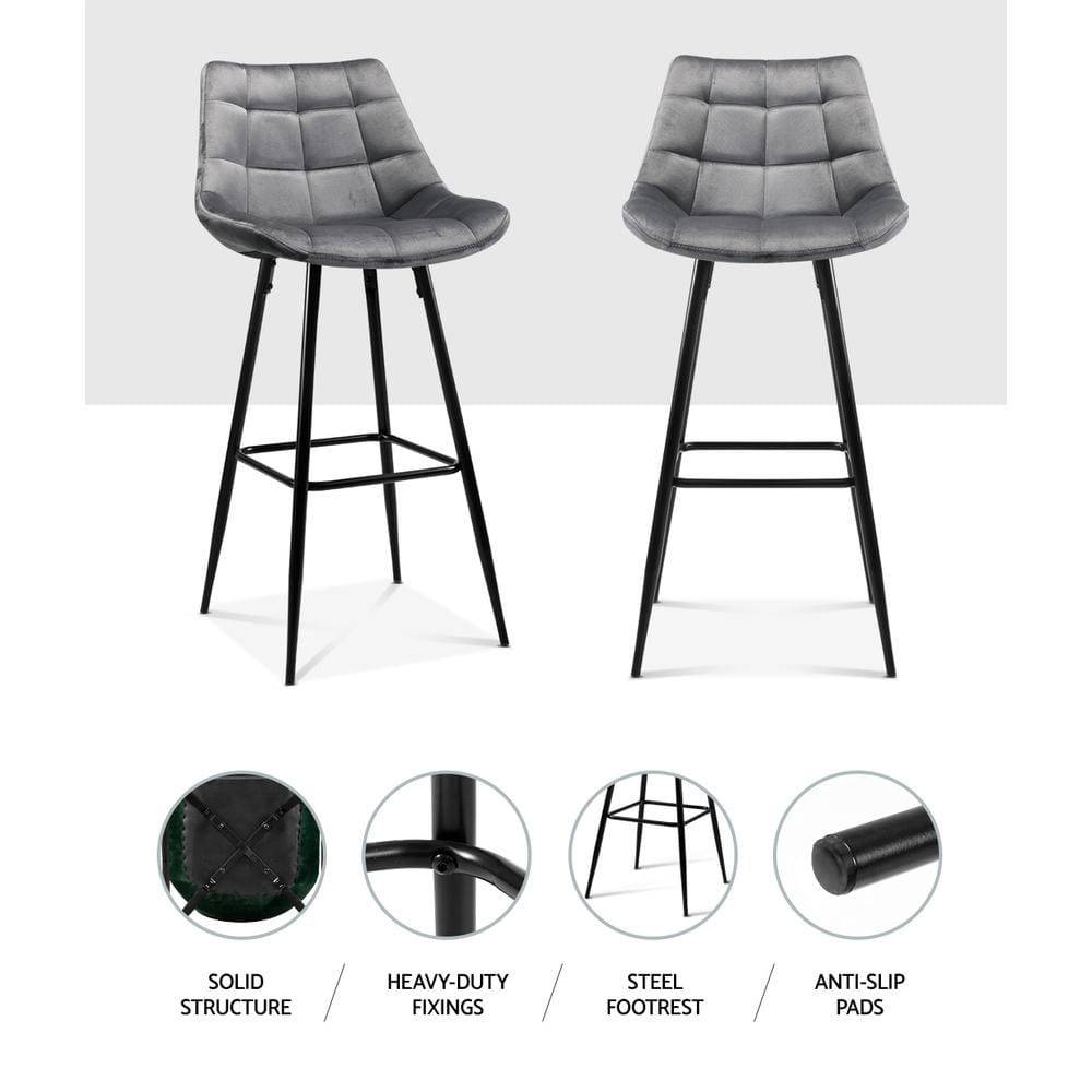 Artiss Set of 2 Velvet Bar Stools - Grey - Newstart Furniture