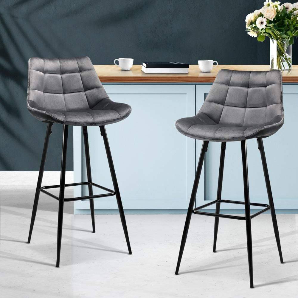 Artiss Set of 2 Velvet Bar Stools - Grey - Newstart Furniture