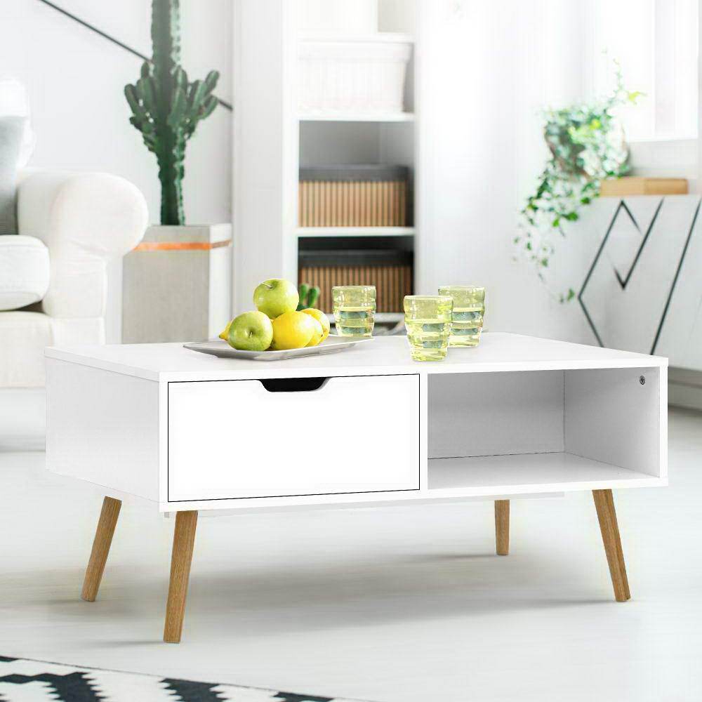 Artiss Coffee Table Storage Drawer Open Shelf Wooden Legs Scandinavian White - Newstart Furniture