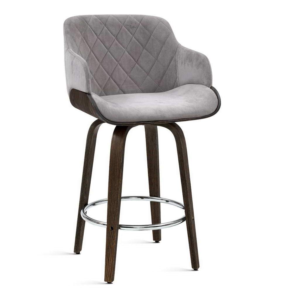 Artiss Velvet Bar Stool Swivel - Grey and Wood - Newstart Furniture